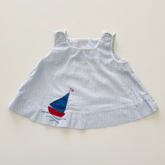 Vintage Baby Outfit Seersucker Sailboat Applique Top + Bloomers : Blue