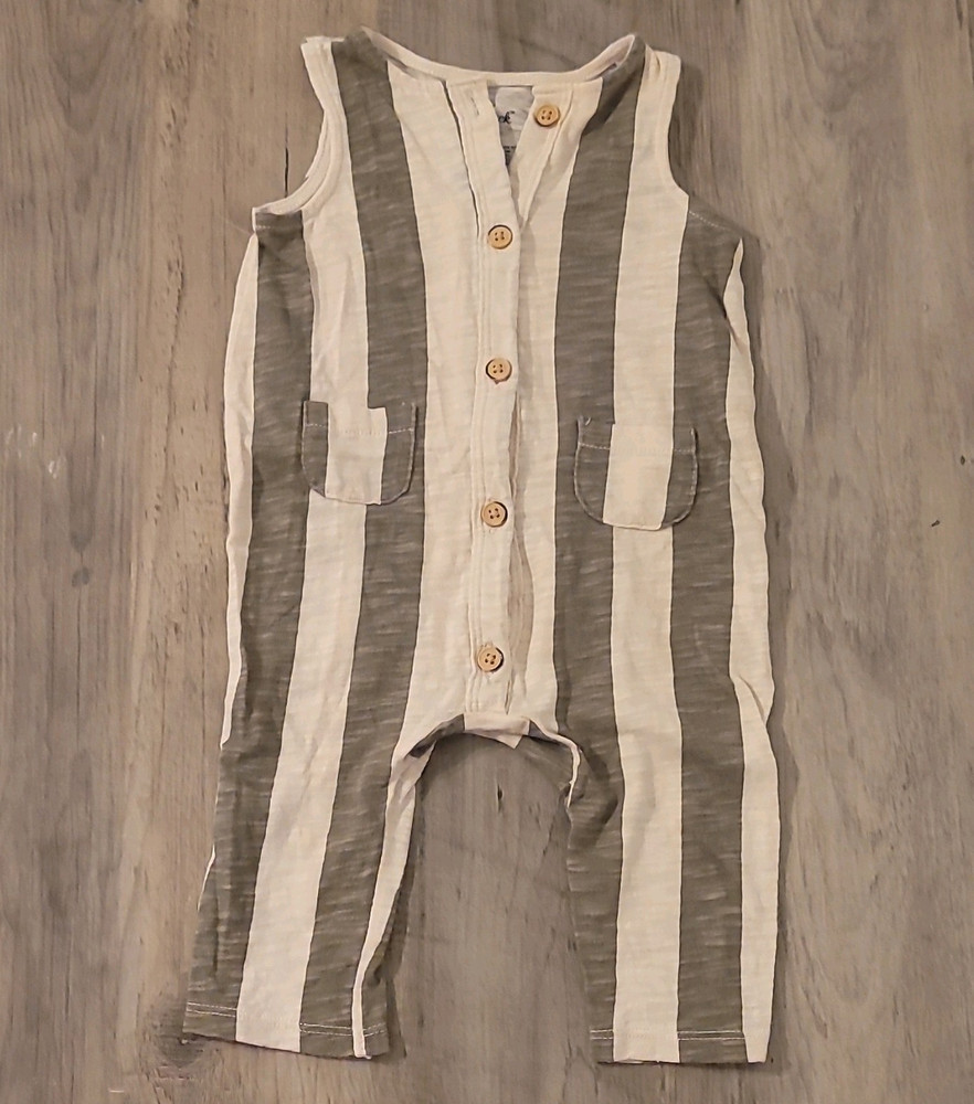 Cat & Jack 0-3M Cotton Knit Romper Sleeveless Long Pant, Striped Green/Cream