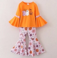 NEW Boutique Halloween Ghost Belle Sleeve Shirt & Bell Bottoms Girls Outfit Set