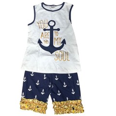 Anchor Print Toddler Girl Set XL Nautical Top & Shorts Ruffle Hem Gold Accents