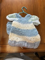 New! Handmade Blue/White/Green Layette Set Sweater/Jacket, Hat, Booties 😍