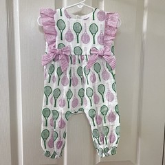 Mud Pie Tennis Print Longall Romper Jumpsuit Pink Green Girls SZ 3-6 Months NWT