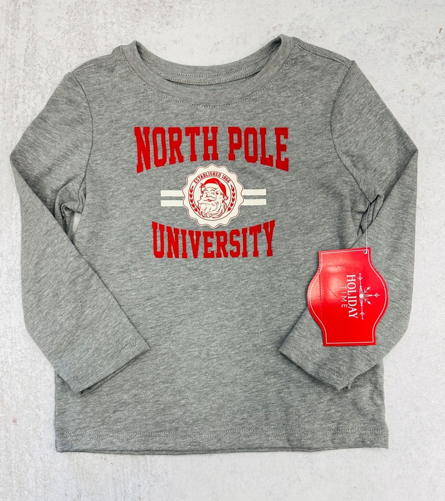 12M Long Sleeve T-Shirt Heather Gray North Pole University Xmas Holiday Santa