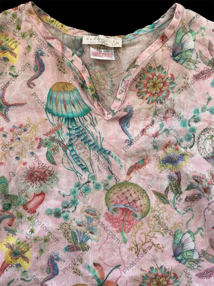 Zara Home kids Pink/Teal Sea Life Cotton Long Sleeve Tunic Top-3-4Yrs 104cm