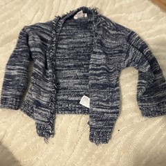 Cat & Jack 2T Knit Cardigan Sweater Blue/White Marled Fringe Open V-Neck