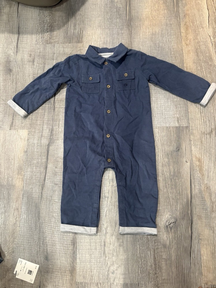 Calvin Klein 18 Month Coverall One-Piece, Blue Button Front Long Sleeve