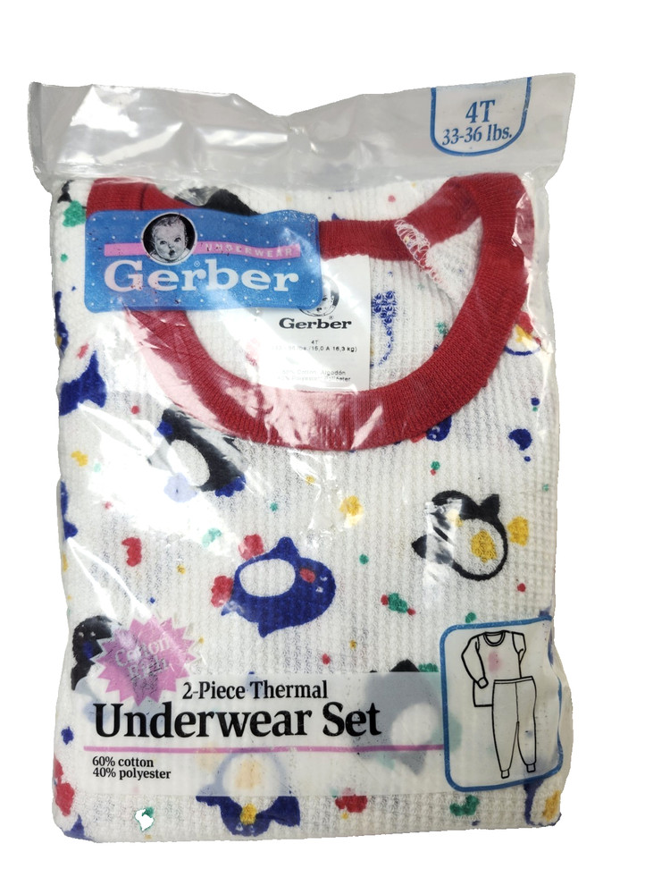 Vintage Gerber Baby Toddler 2-Piece Thermal Pajama Set 4T Penguin Theme NEW