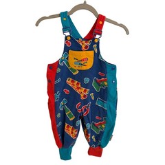 Vintage 90s Gymboree Baby Blue Tool Print Colorblock Knit Overalls 12-18 Months