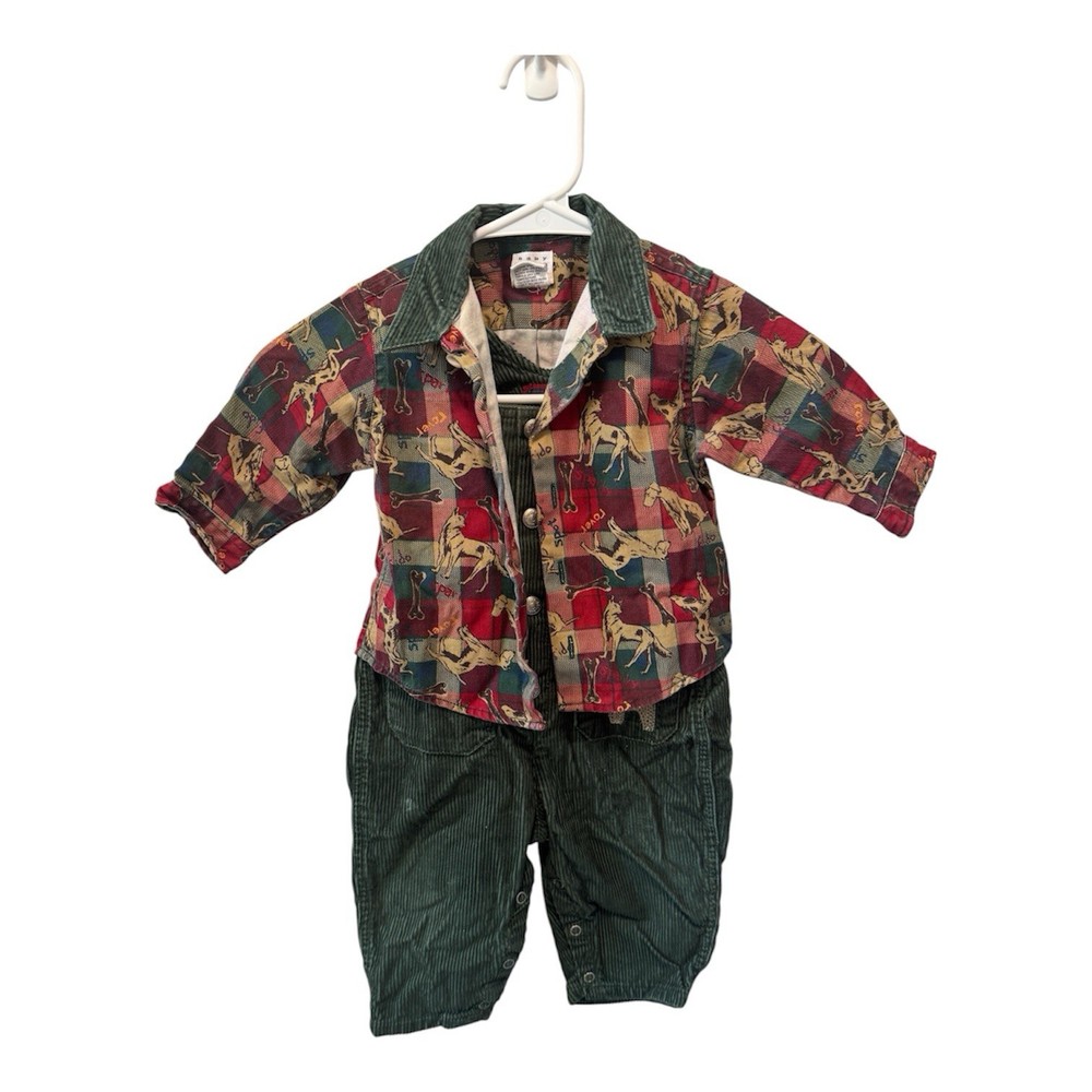 VTG 90s Baby Gap Exploration Corduroy Overalls Flannel Shirt Set Dog Theme 6-12