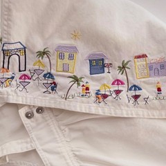 Vintage OshKosh B’gosh White Overall Dress Embroidered Beach Village Scene 3XL