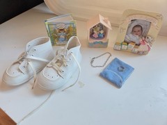 Baby Lot- infant ring, infant bracelet, baby shoes, frame, mini Beatrix Potter
