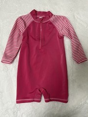 Pink And White Striped Long Sleeve One Piece Rash Guard Swimsuit, Size 18-24M