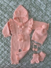 Pink Knit Newborn Layette Outfit Set 4pc Hooded One-Piece Hat Mittens Booties