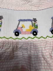 Classic Whimsy Golf Cart Smocked Bubble Romper Baby Girl 3-6mo Pink Seersucker