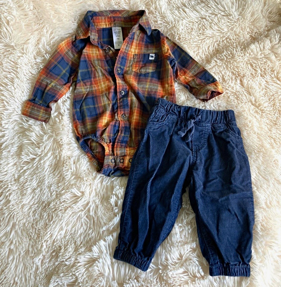 Just One You by Carter’s Baby 2pc Set 9M Plaid Bodysuit Blue Pants Flannel