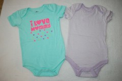 Baby Girls 2 LOT S/S BODYSUIT Mint Pink Hearts I LOVE MOMMY Purple Stripe 18 MO