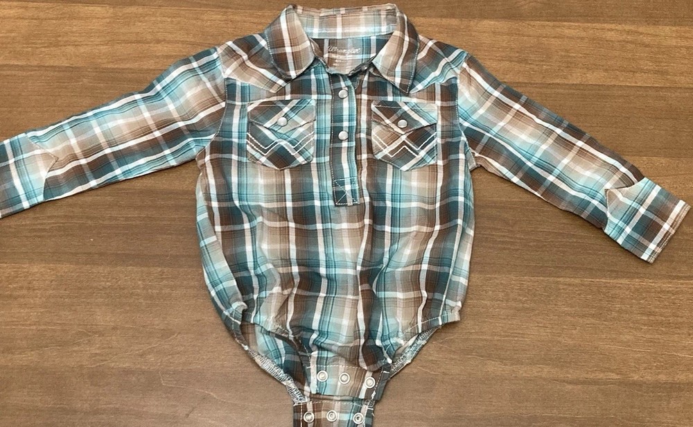 Wrangler Pearl Snap One Piece Baby Bodysuit 6-9 Mo Western Cowboy Plaid Shirt