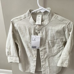 H&M Baby Beige/White Striped Cotton Long Sleeve Collared Button-Up, Pocket 6-9M