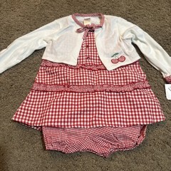 NWT Sears Girls Bloomers Dress And Cardigan Set Red Plaid Cherry 24 Months