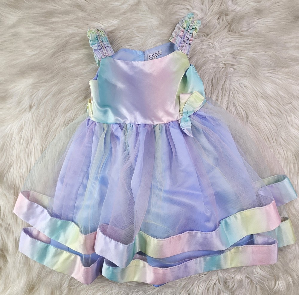 Blueberi Boulevard Multicolor Rhinestones On Strap Tulle Dress – Girls SZ 6T