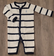 Ralph Lauren Baby 3 Months White/Blue Striped Ribbed Nautical Snap One Piece