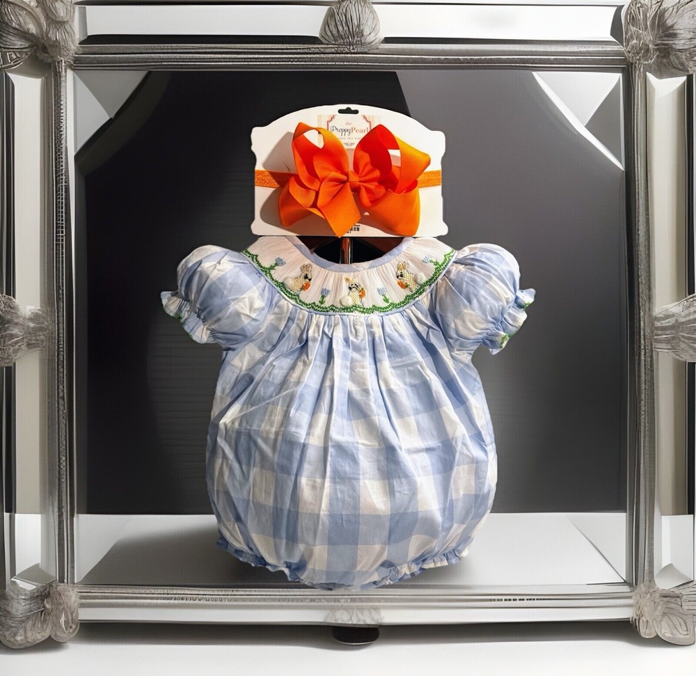 Girls NWT Smockingbird Smocked Romper Easter Bunny Free Bow 3 Months