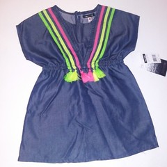 Kensie Toddler Dress Denim Colorful Stripes Tassles Short Sleeve