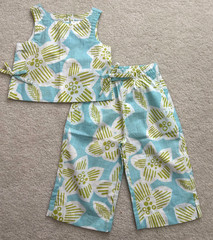 2PC Hanna Andersson Floral Top & Pants Set Aqua Lime & White Size 2T 85 CM