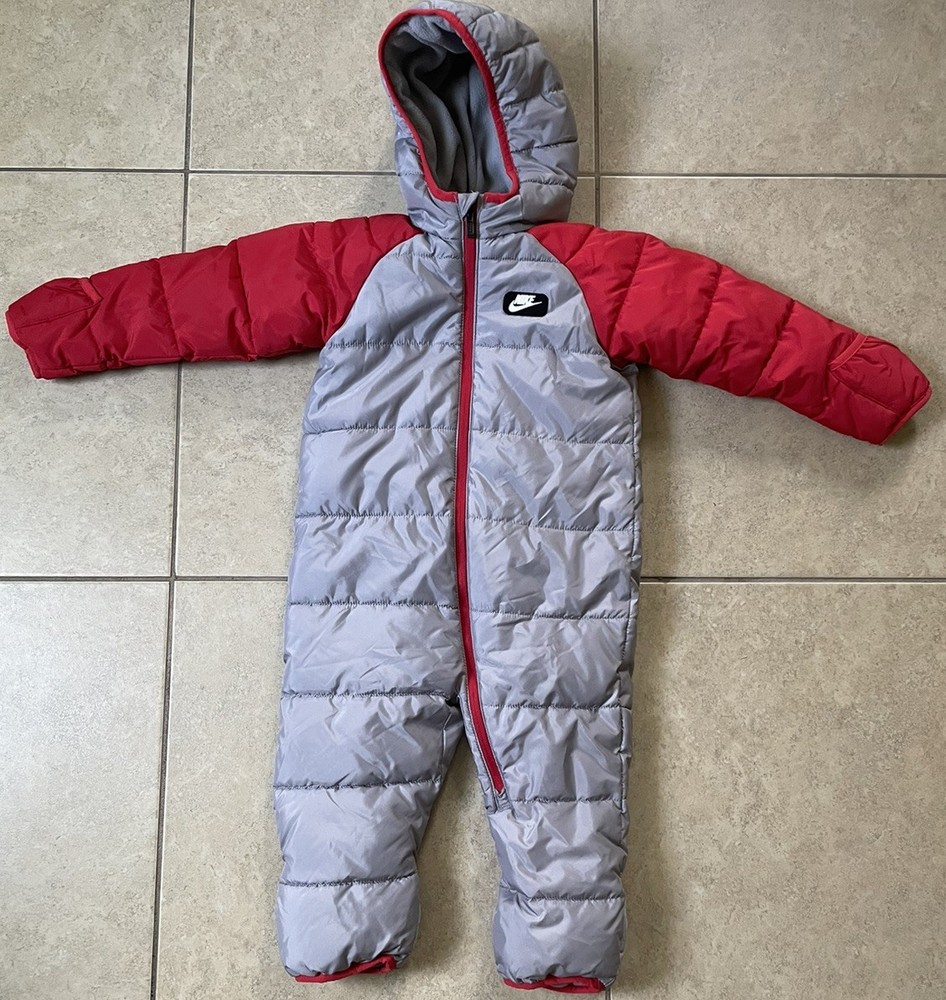 NIKE Baby Puffer Snowsuit One Piece Bunting Racer Silver/Red 24 Months
