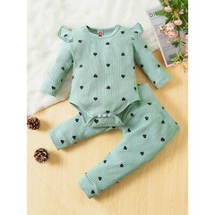 NEW SHEIN Baby Heart Print Ruffle Trim Bodysuit & Sweatpants Size 74 (6-9M)…