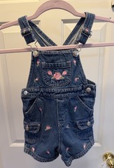 Vintage Toddler Girls 18 Month Snap Bottom Denim Shortalls Embroidered Roses
