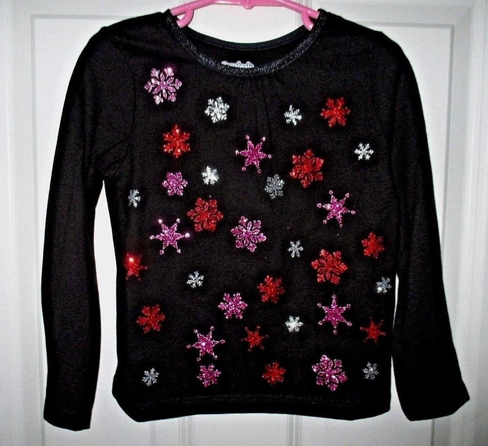 girls winter holiday top size 4T black with red pink silver snowflakes sparkle