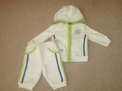 NWT FIRST IMPRESSIONS 0-3 MONTH ZIP FRONT HOODED SWEATSUIT, WHITE/GREEN/BLUE