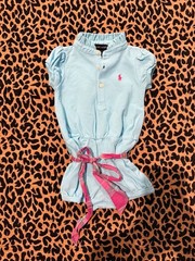 Ralph Lauren Baby Girl Polo Short Bubble Romper, Light Blue, Size 12M