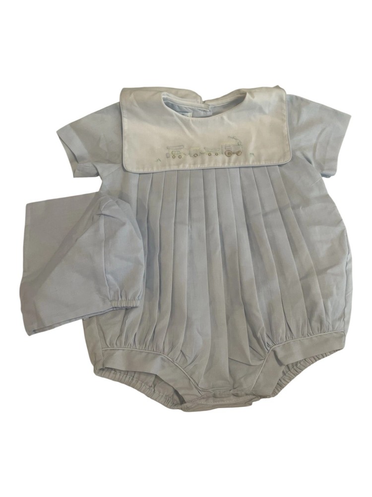 Petit Ami Baby Boys’ Square Collar Romper with Train Embroidery, 3M, Blue-NEW!