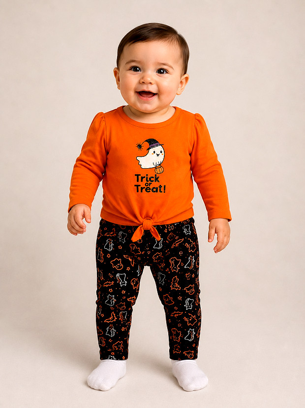 NWT 12M Baby Halloween Outfit Trick or Treat Orange Top Black Print Pants 2 Pc