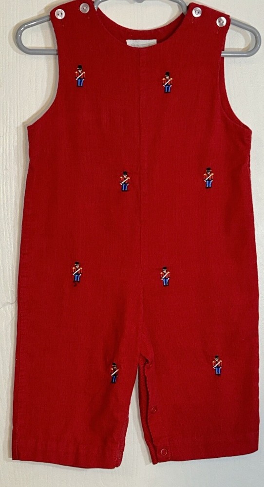 Betti Terrell Baby Boy Sz 12M Overalls Red Corduroy Embroidered Soldiers Buttons