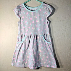 Healthtex Girls Dress Sz 5T Gray Hearts Pockets Ruffle S/S Aqua Pink Yellow