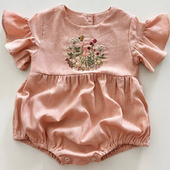 Baby Girl Linen Cotton Romper Embroidered Floral Ruffle Sleeve Bubble Outfit