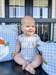 Mud Pie Blue/White Gingham Bunny Smocked Sleeveless Romper 0-3M Cotton