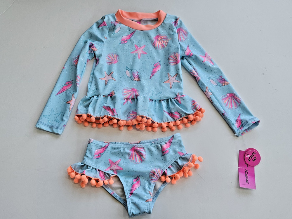 Betsey Johnson Girl’s 4T L/S 2 Pc Rash Guard Tankini Swimsuit Blue Sea Shell