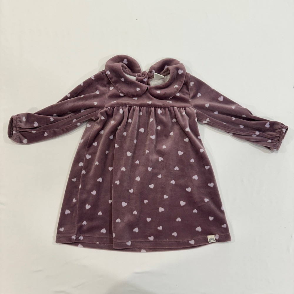 Lindex Heart Print Velour Dress Baby Girl 9-12M Mauve Peter Pan Collar Coquette