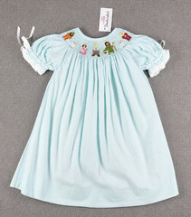 Smockingbird Girls Light Blue Nativity Scene Smocked Bishop Dress NWT