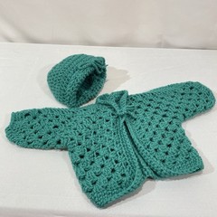Hand Crochet Baby Sweater And Hat Set Newborn Photo Op Jade Green Granny Square