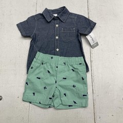 Carter’s Shirt Shorts Set Baby Boys 9-12M Blue Chambray Dino Transport 2 Piece
