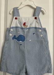 PETIT AMI-18M-Baby Boy Romper/Sunsuit-Blue Seersucker Stripe-Whales