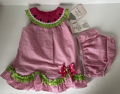 Rare Editions SET 12M Watermelon Pink Seersucker Dress & Bloomers Girls NEW