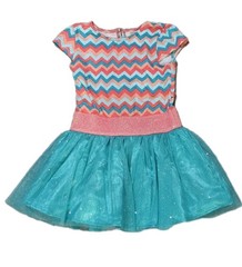 Sweet Heart Rose Girl Coral Blue Aqua Chevron Sparkle Tulle Summer Dress Sz 4T