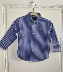 Ralph Lauren Boys 18M Blue Pinstripe Button Down Shirt Navy Pony 100% Cotton