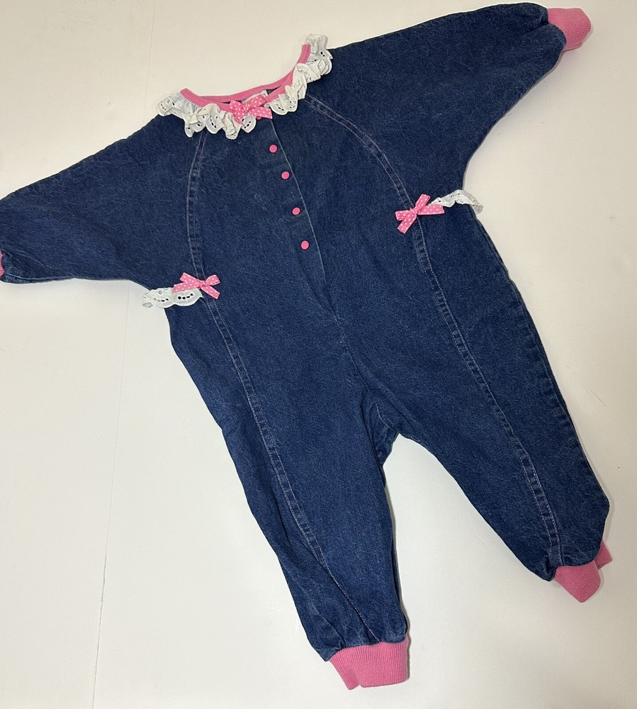 Vtg Buster Brown Denim Romper Jumpsuit Eyelet Pink Ribbon Trim 18 Mos 80s/90s